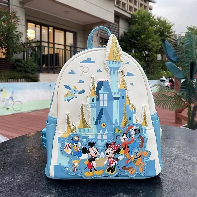 In Stock Loungefly Disney 50th Anniversary Kawaii Backpacks Mini Castle Mickey Friends Rucksack Leather Woman\'s School Bags Gift