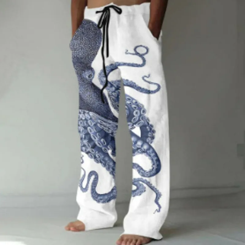 Pantalones de pierna ancha con estampado de pulpo en 3D para hombres, pantalones sueltos de cintura alta de tubo recto, pantalones mezclados de cáñamo casuales europeos y americanos