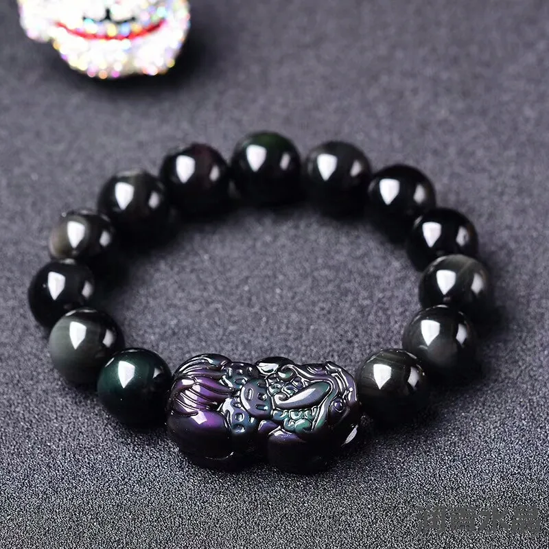 

Natural Obsidian Three Coin Pixiu Bracelet With Double Color Eye Round Beads Men And Women