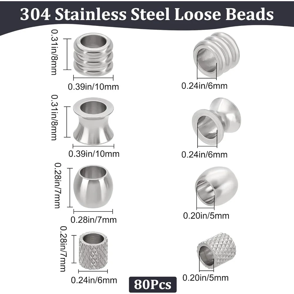 40Pcs 5 Styles Metal Spacer Stainless Steel European Column Large Hole Slider Beads with 5mm/6mm Hole