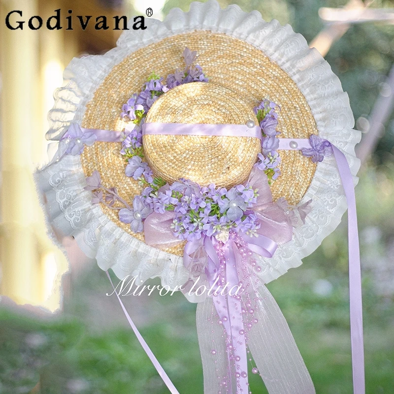 

Sweet Lolita Lace Flower Sunshade Straw Hat Japanese Women Girls Pastoral Style Flat Hat Female Summer Head Accessories Hats