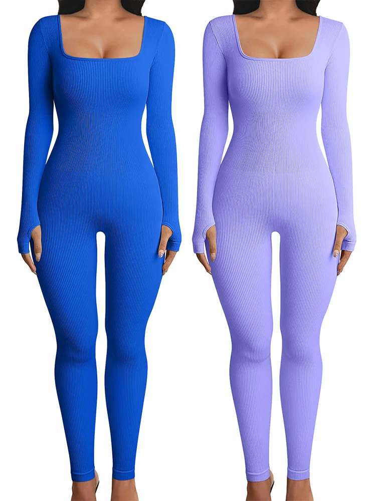 Women Yoga One Piece Jumpsuit Seamless Long Sleeved Square Neck Tight Sexy Sports Jumpsuit Yoga Fashion Fitness Sportswear