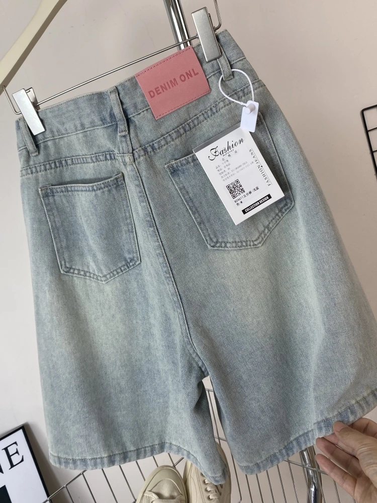 Faion High Waist Pleated Wide Leg Denim orts Meat Concealing Summer New Sle ort Pants Cool Feeling Casual Jeans