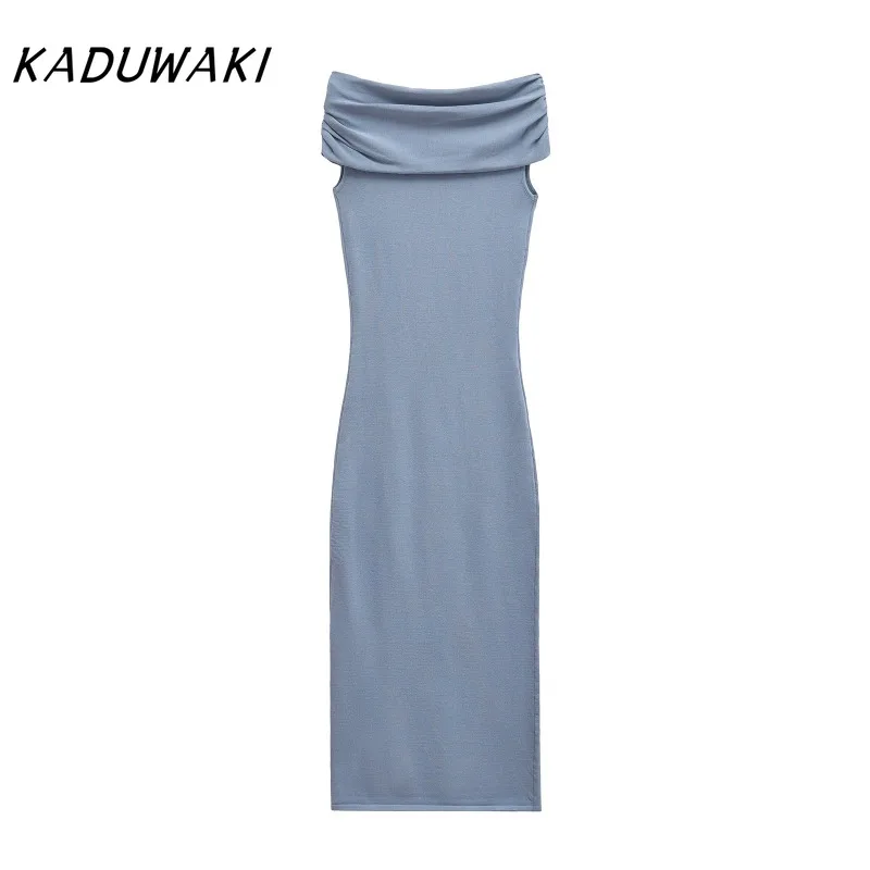 KADUWAKI Donne Eleganti Blu Grigio Sexy Spalle Scoperte Tinta Unita Maglia Abito Manica Corta Aderente Abito Midi Abiti aderenti فساتleti...!........