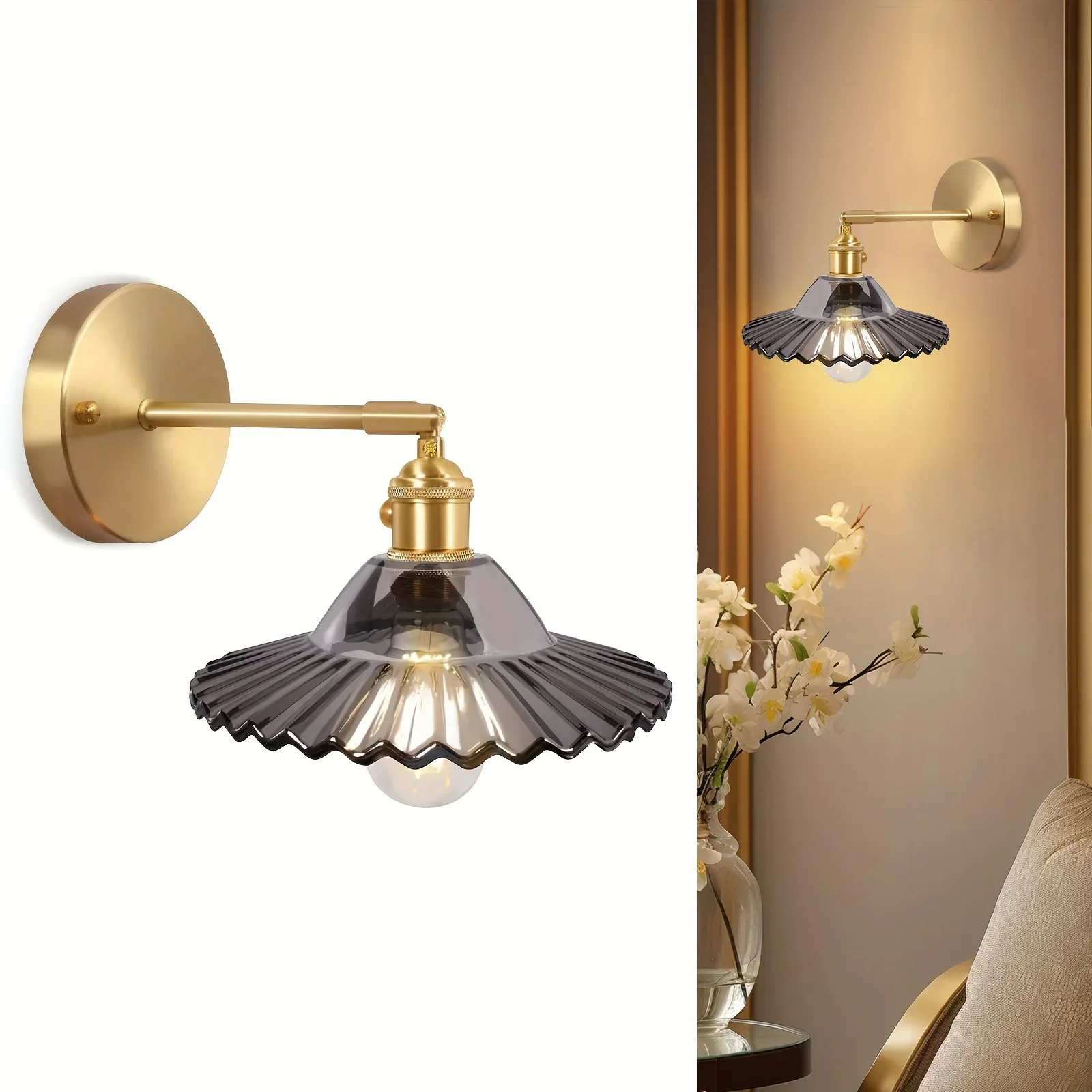 

Grey Lotus Pleated Glass Lampshade Wall Lamp, Adjustable Brass Wall Lamp For Living Room Bedside Bedroom Doorway Living Room