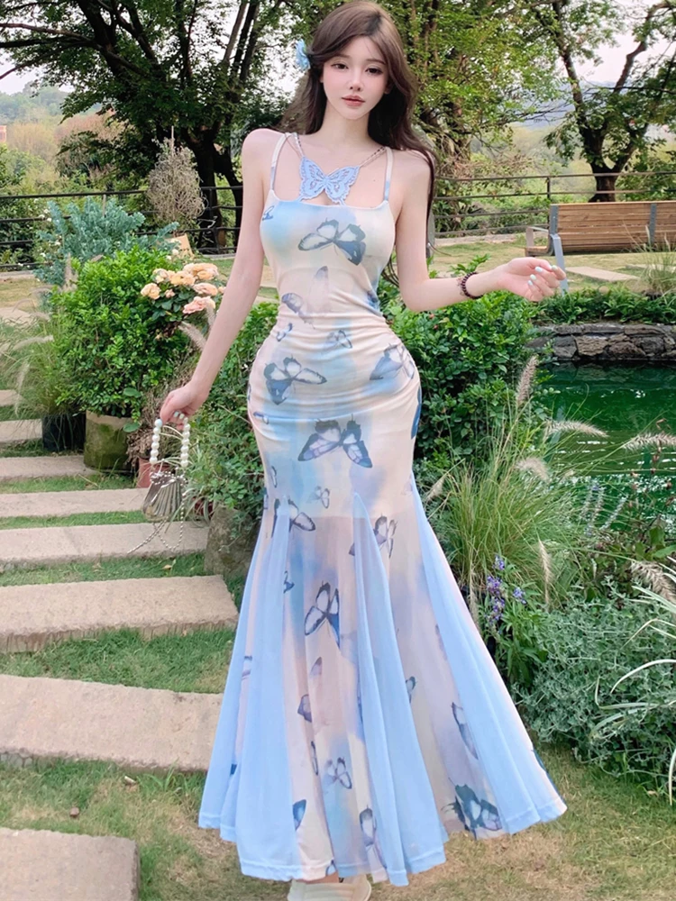 2025 Boho Blue Floral Mesh Chic Sling Sexy Long Dress Women Elegant Ruffled Casual Dress Summer New Korean Bodycon Holiday Dress