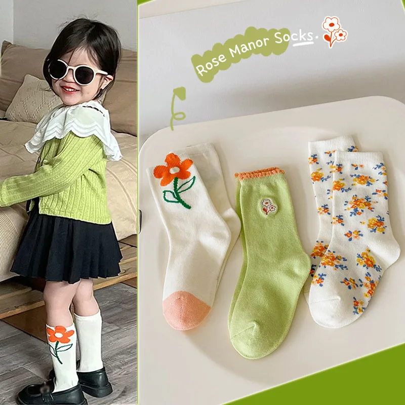 

Children Socks Spring Socks Baby Girls Sweet Flower Pattern Baby Socks Mid Calf Length