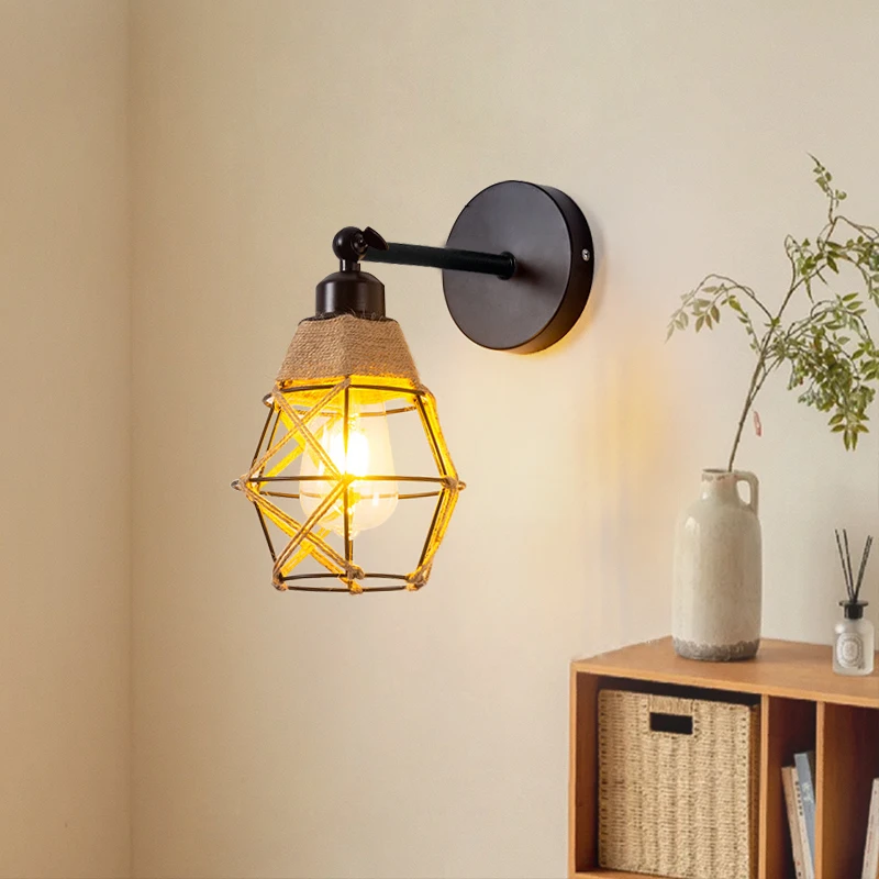 1Pc woven hemp rope iron swing arm wall lamp E27 bulb base, suitable for living room, bedroom, bedside lamp (without bulb)