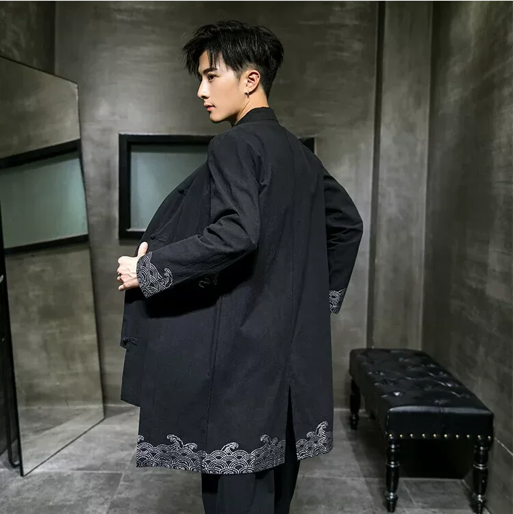 Chinese-style Men's Black Trench Coat, Single-breasted Stand-up Collar Long Jacket, Asian Sizes 2026 New Arrival.