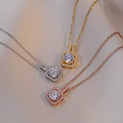 Stainless Steel Chain Classic Shiny Zircon Square Pendant Necklace for Women Lady Geometric Trendy Jewelry Accessories Gifts