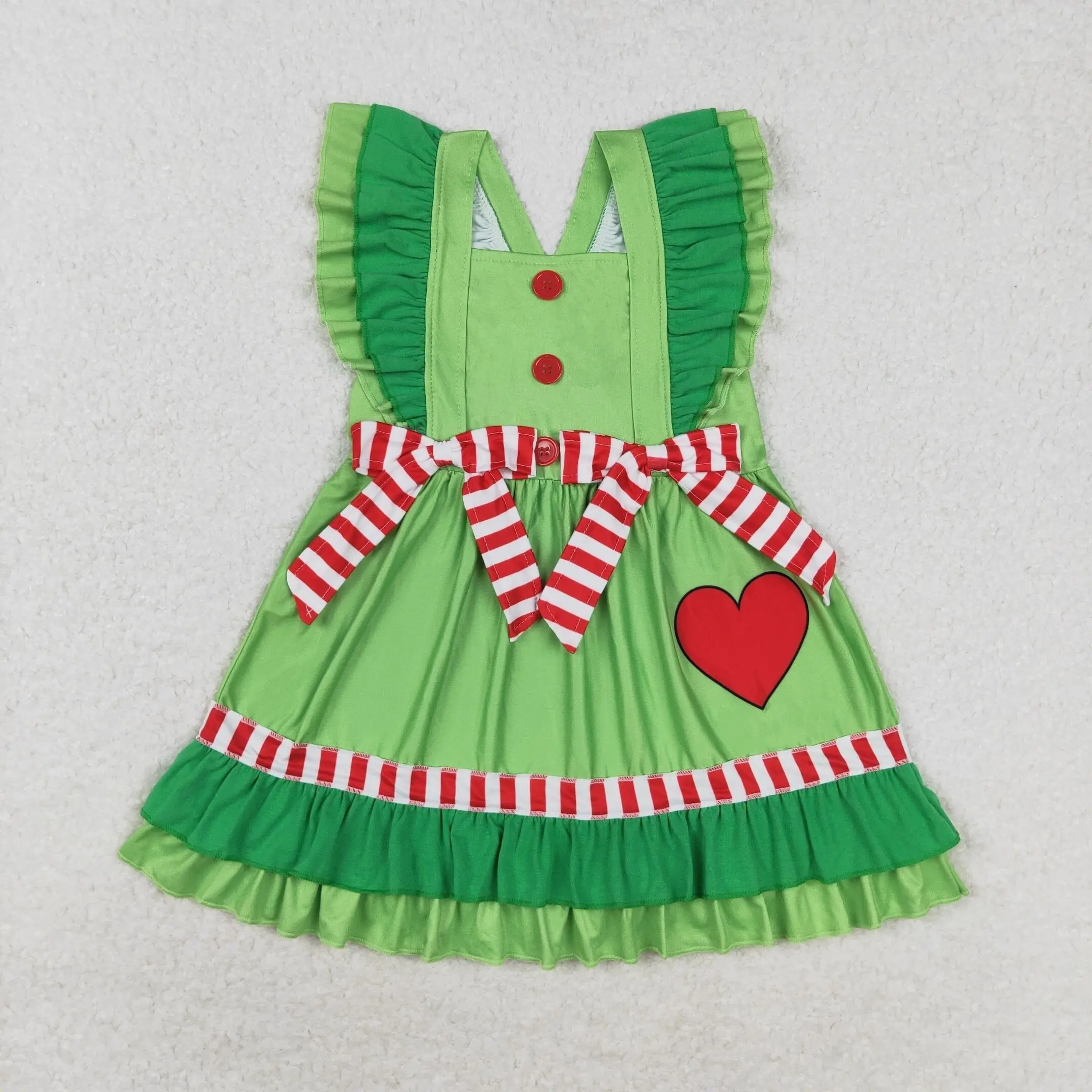 

Wholesale western boutique children clothing Christmas love Red and white striped bow with green lace flying sleeve dress