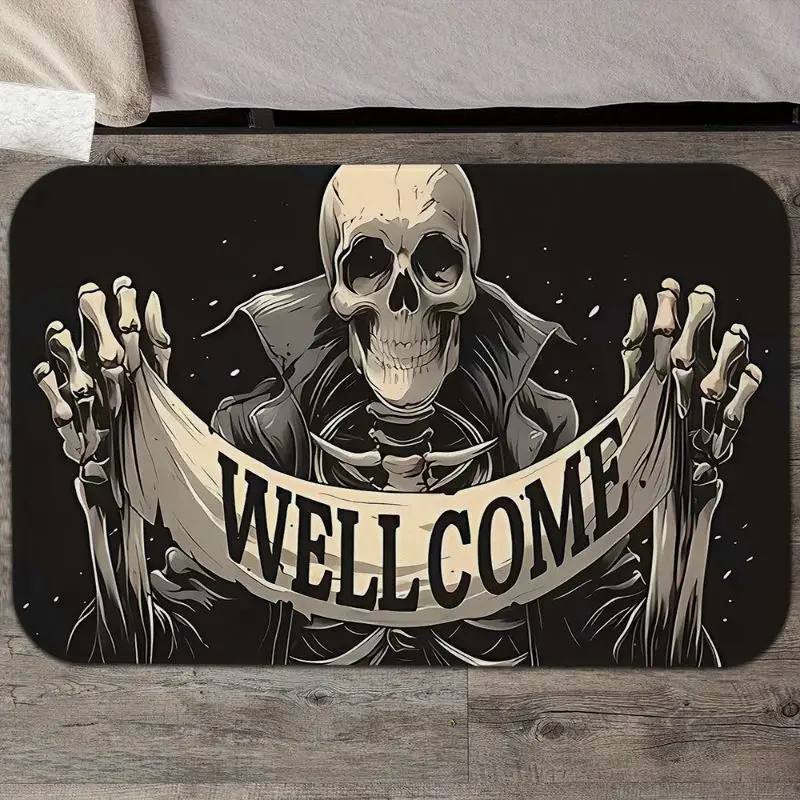 VIKAMA Gothic Skeleton Welcome Doormat, Spooky Skull Non-Slip Rug, Vintage Aesthetic Entryway Front Door Halloween Decor