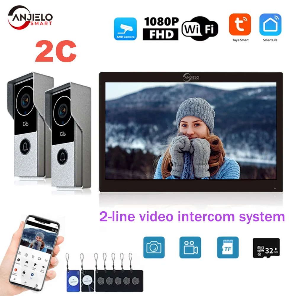 

ANJIELO Tuya Smart 1080P 2Wire Visiophone Doorbell Video Intercom SystemHome Metal DoorPhone Support IP Camera Safety Protection