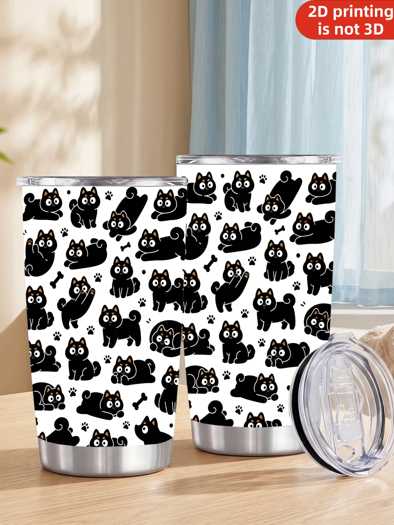 20oz Cute Black Shiba Inu Cat Pattern Printed Stainless Steel Tumbler with Lid and Straw, Cartoon Puppy Vacuum Insulated Travel Coffee Mug Gifts for Cat Lovers