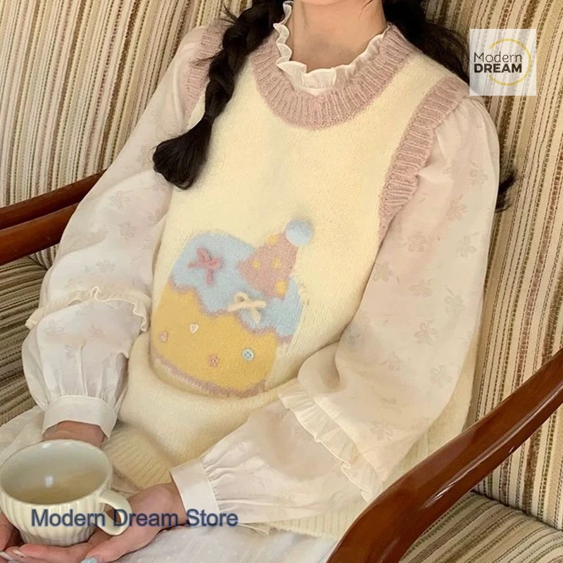 한국식 게으른 바람 케이크 패턴 부드러운 왁시 스웨터 여성 가을 겨울 신상 달콤하고 사랑스러운 루즈핏 레트로 자카드 조끼