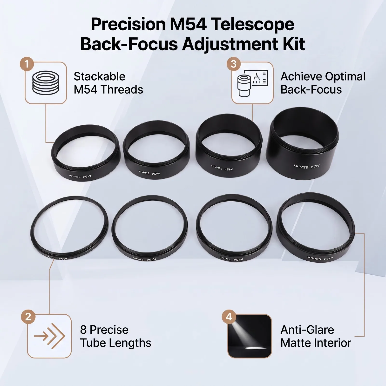 Telescope Extension Tube 8PCS M54x0.75 Stackable Threaded Dazzle Proof Astronomical Telescope Spacer Kit Black