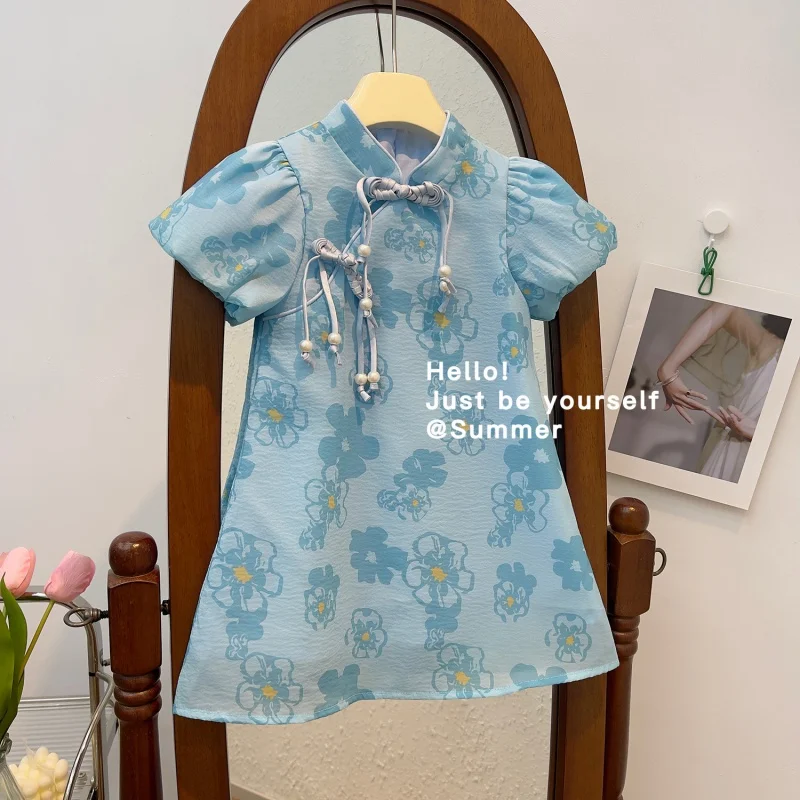 

Girls Cheongsam Summer Dress2024New Summer Girls' Children's Clothing Summer Dress National Style Baby Han Chinese Costume-WSNY