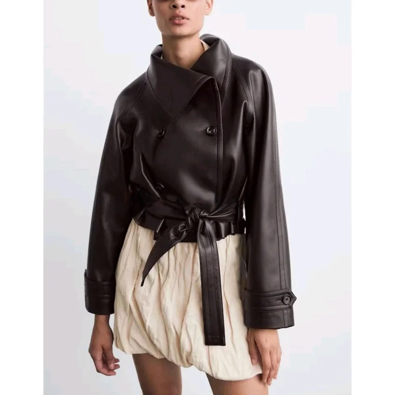 Cappotto lungo in pelle sintetica effetto pelle sintetica da donna nuovo autunno con colletto ribaltabile e cintura, vestibilità slim, per pendolari