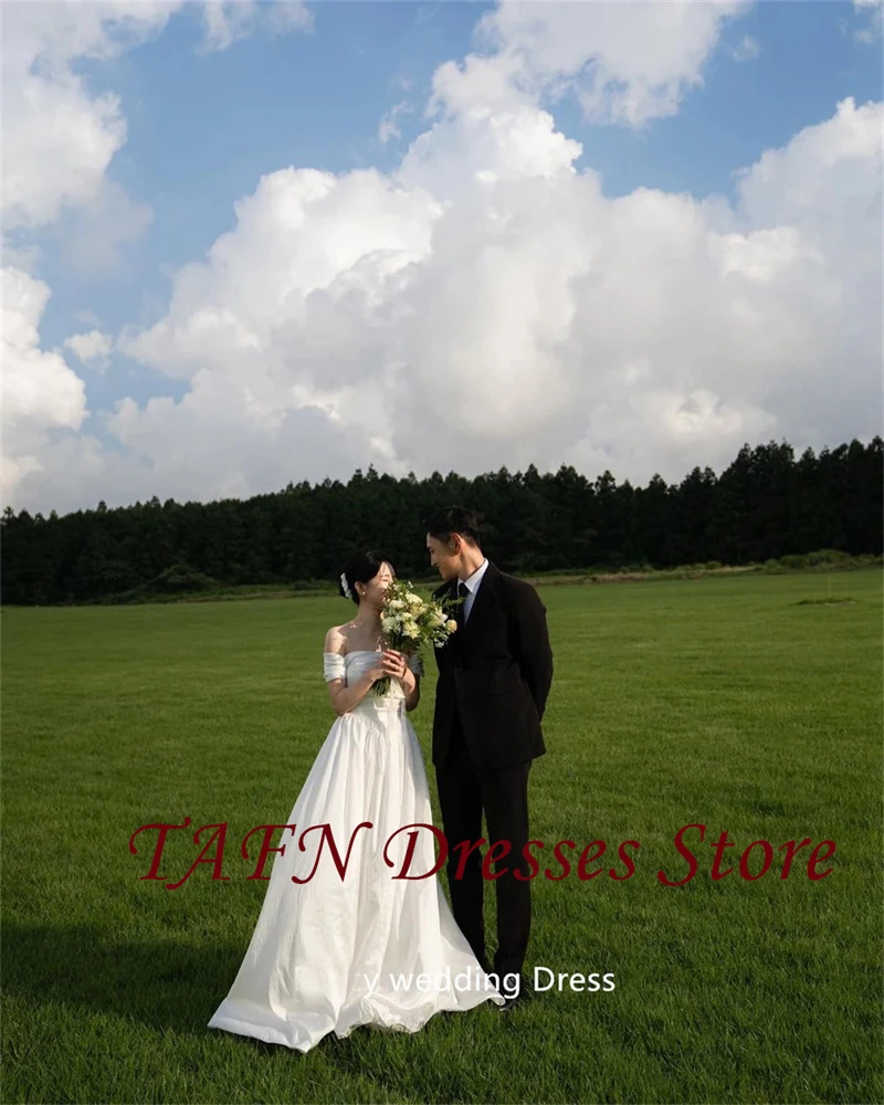 TAFN Schulterfreie, elegante Taft-Korea-Hochzeitskleider, Fotoshooting-Ärmel, bodenlang, Korsett-Rücken, Brautkleider nach Maß