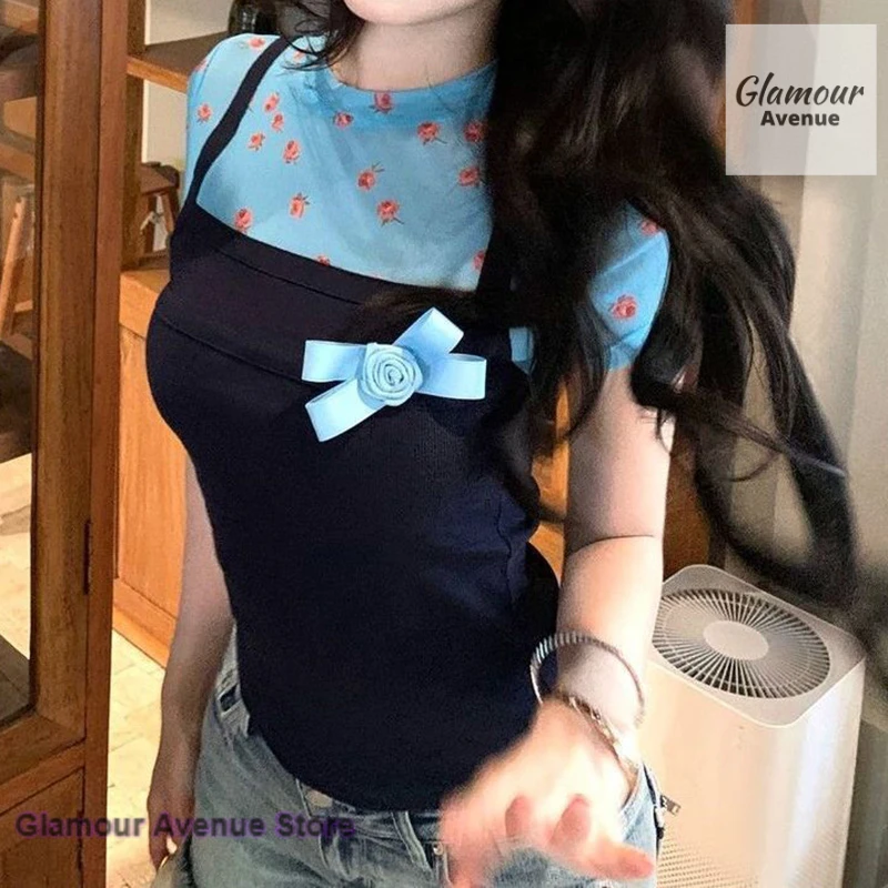 

French blue floral fake two-piece short-sleeved T-shirt women's spring and summer new fashion sweet bow shirt slim short top