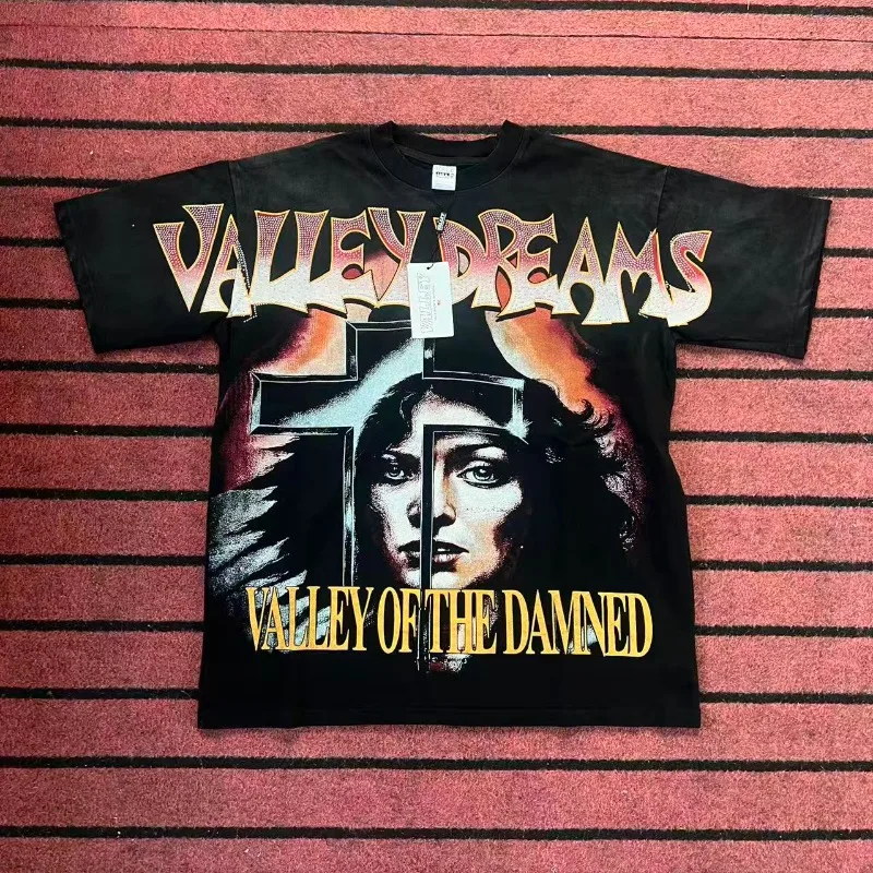 تي شيرت VALLEY Golden Bullet Print للرجال والنساء 1:1 أفضل جودة من القطن الخالص مقاس كبير تي شيرت علوي تي شيرت