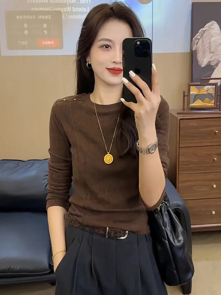 Camiseta Feminina Slim Fit de Manga Longa para o Início do Outono, Camada Base Versátil Estilo Coreano