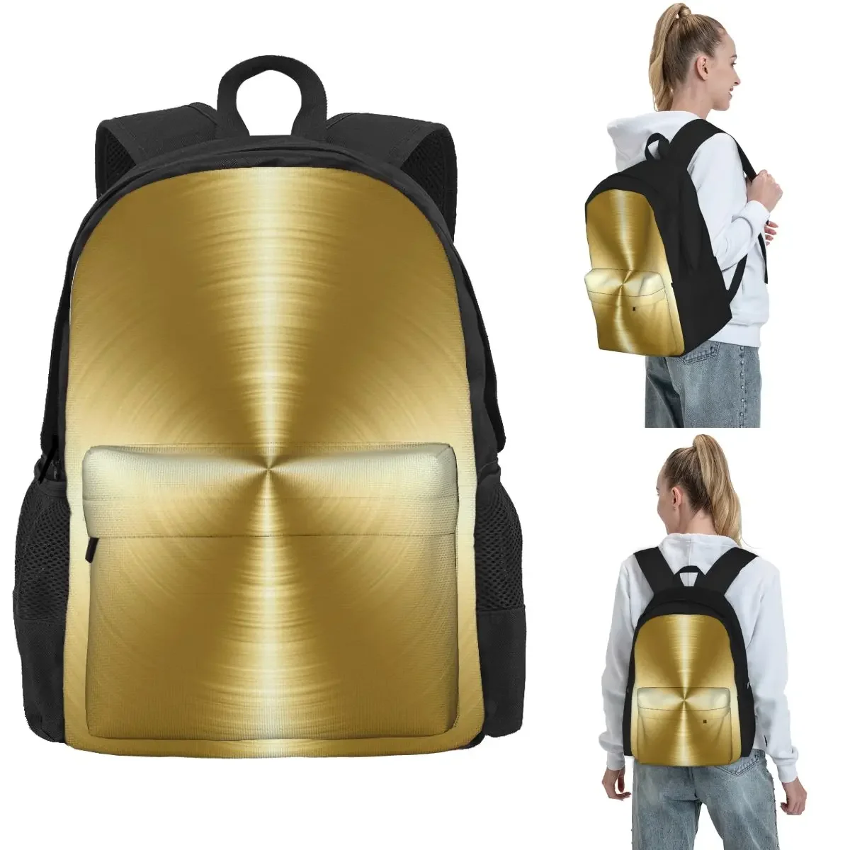 Brushed Gold Radial Metal Backpack Hot Sale Daypack Large Capacity Children BookBag School Bag Shoulder Bags for Men Women