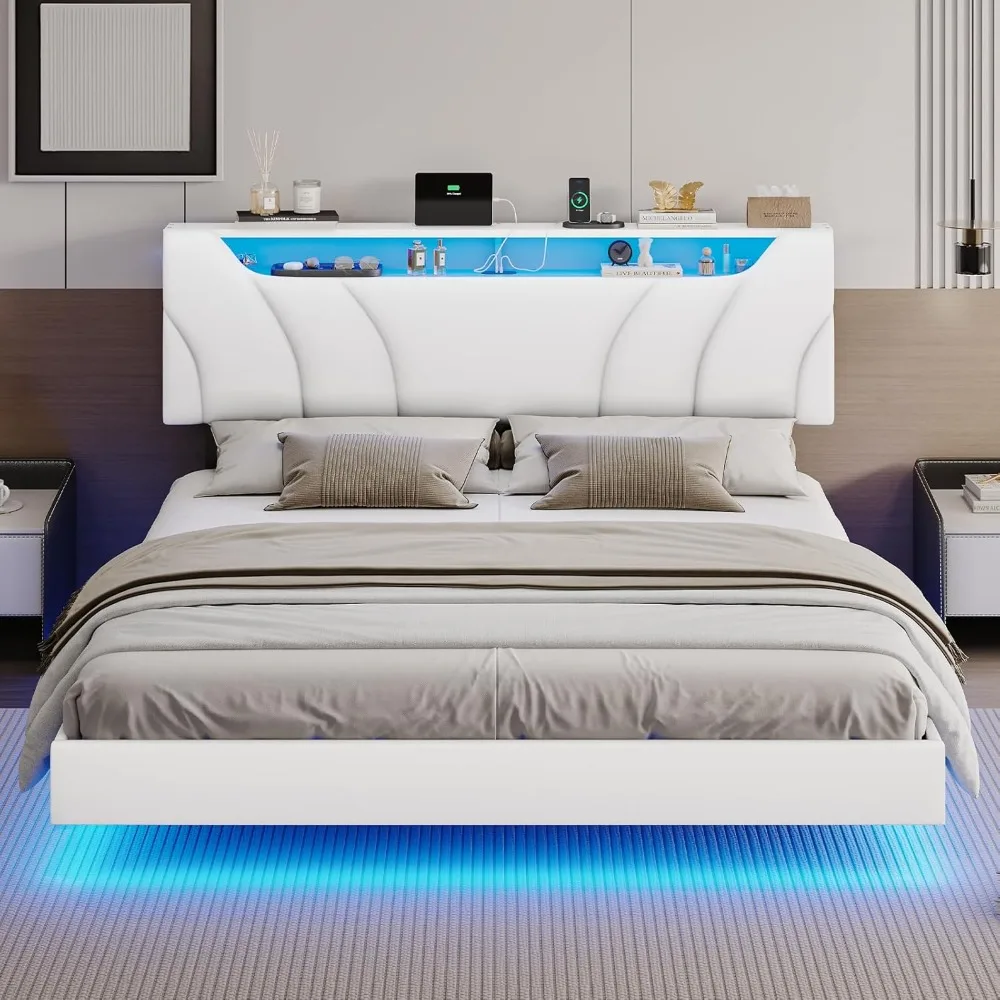 Hasuit Queen-Size-Bettgestell mit LED-Leuchten, USB- und Typ-C-Anschluss, LED-Queensize-Bettgestell mit Stauraum, Kopfteil aus Kunstleder