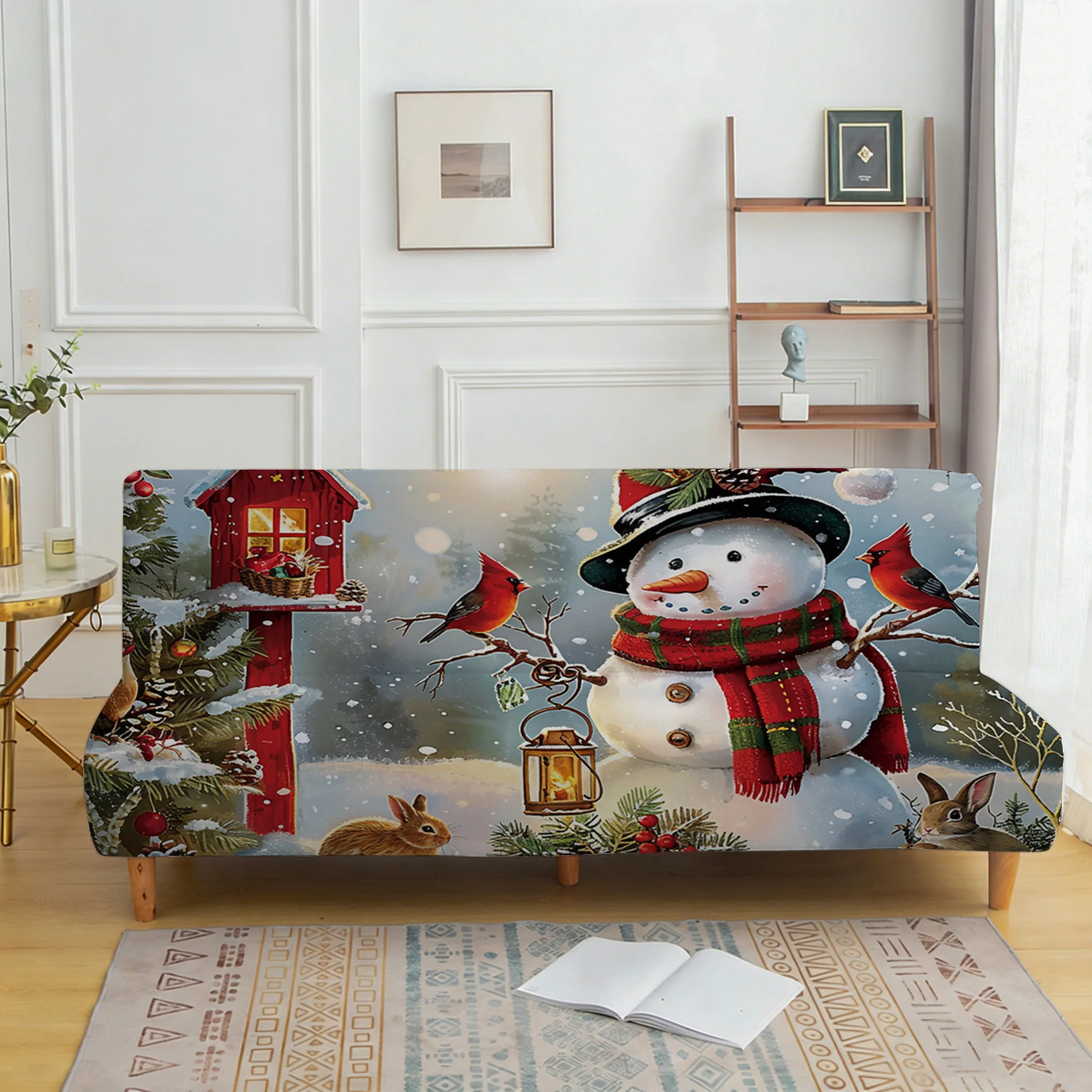 1PC Christmas Cute Snowman Cardinal Birds Printed Elastic Folding Sofa Bed Cover, Holiday Decoration for Armless Sofa cover