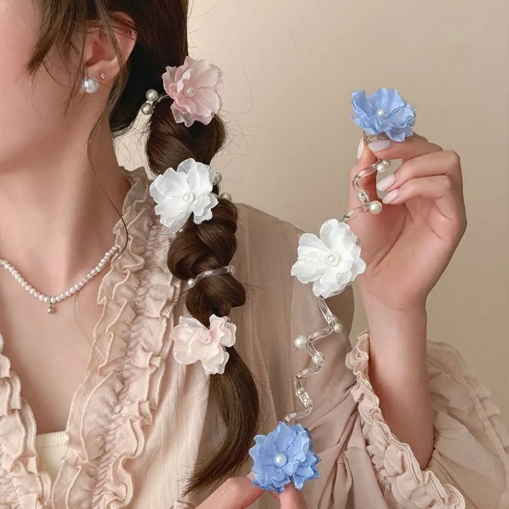 

Fresh Flower Telephone Wire Hair Rope Straight Pearls Telephone Line Headband Elastic Ponytail Holder Braid Hair Tie Girl
