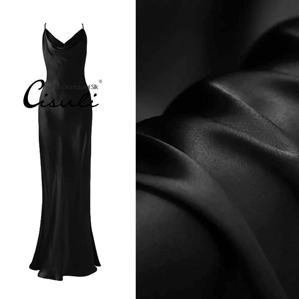 CISULI-Pure Silk Satin,100% Mulberry Silk Charmeuse,19 momme,Width 140cm,Luxury Glossy,Soie Material,#03 Black