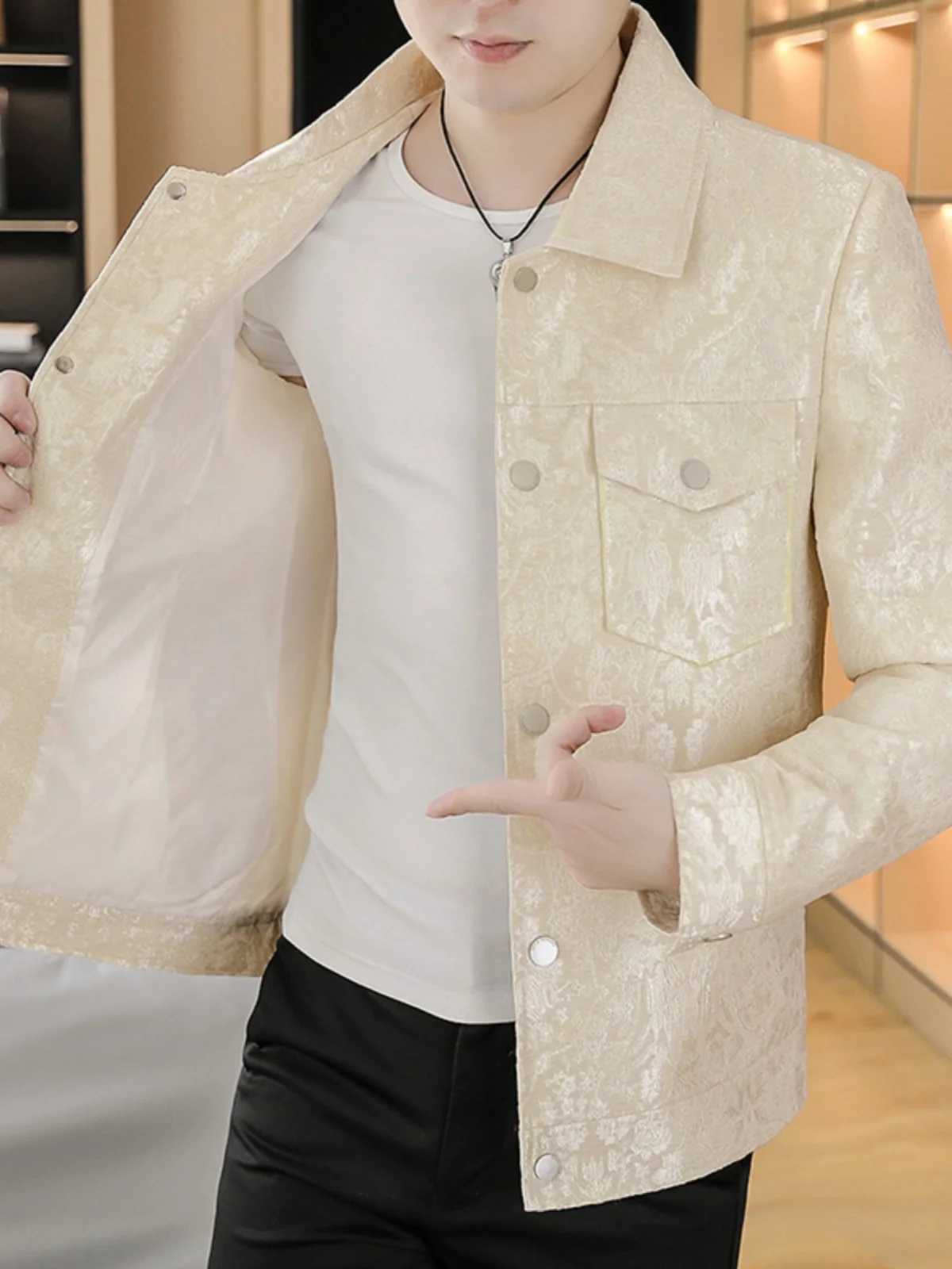 

Мужская повседневная куртка с принтом и воротником, весна 2025, модная универсальная деловая верхняя одежда, приталенный крой, смесь полиэстера и нейлона