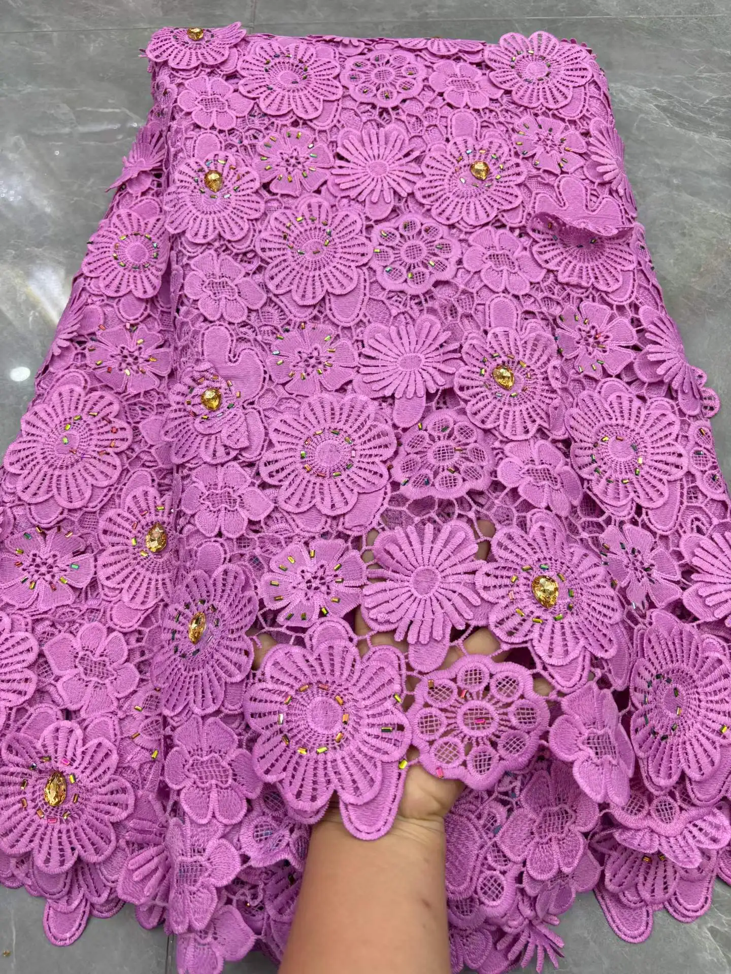 

African Guipure Cord Lace Fabric Nigerian Style with Luxury 3D Rhinestones Water Soluble French Style For Women's Dress Sewing