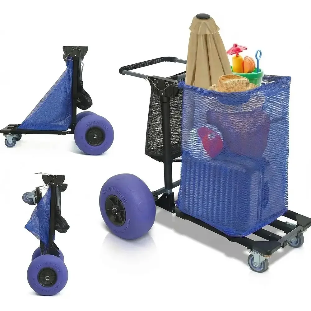 Adjustable Beach Cart with Balloon Wheels & 12 Sand Tires, Large Capacity Storage, Chair Hooks,220 lbs