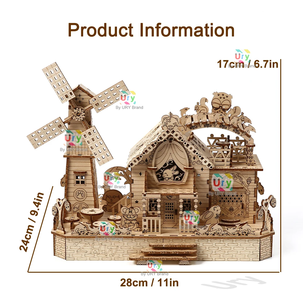 回転式DIY 3D木製オルゴールパズル 電動動物園動物小屋ハウスモデル メカニカルキット 装飾玩具 子供向けギフト