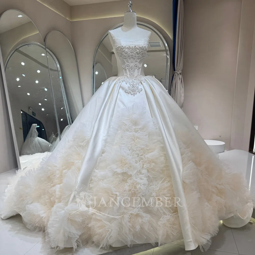 Storybook Wedding Dress White Satin Tulle Ball Gown Customized Strapless Beading Ruffled Chapel Train vestidos de noiva