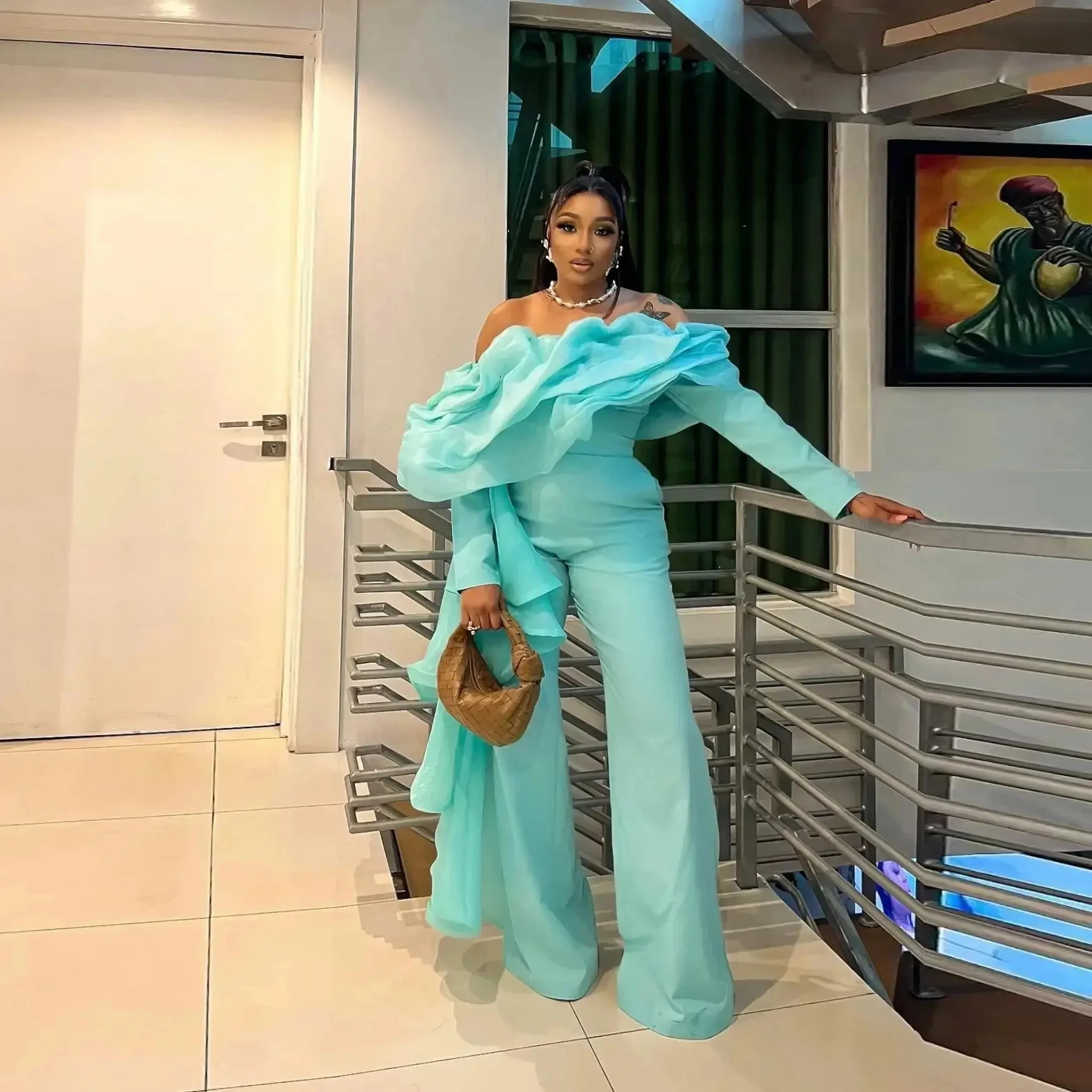 

Бирюзовые африканские вечерние платья Aso Ebi, комбинезон с длинными рукавами, вечернее платье, платья для выпускного вечера для черных девочек по индивидуальному заказу