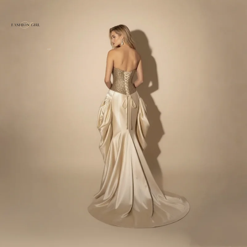Maßgeschneidertes trägerloses goldenes Pailletten-enges Korsett-Satin-Abendkleid für Damen, luxuriöses langes formelles Kleid, Party, Hochzeitsgastkleid