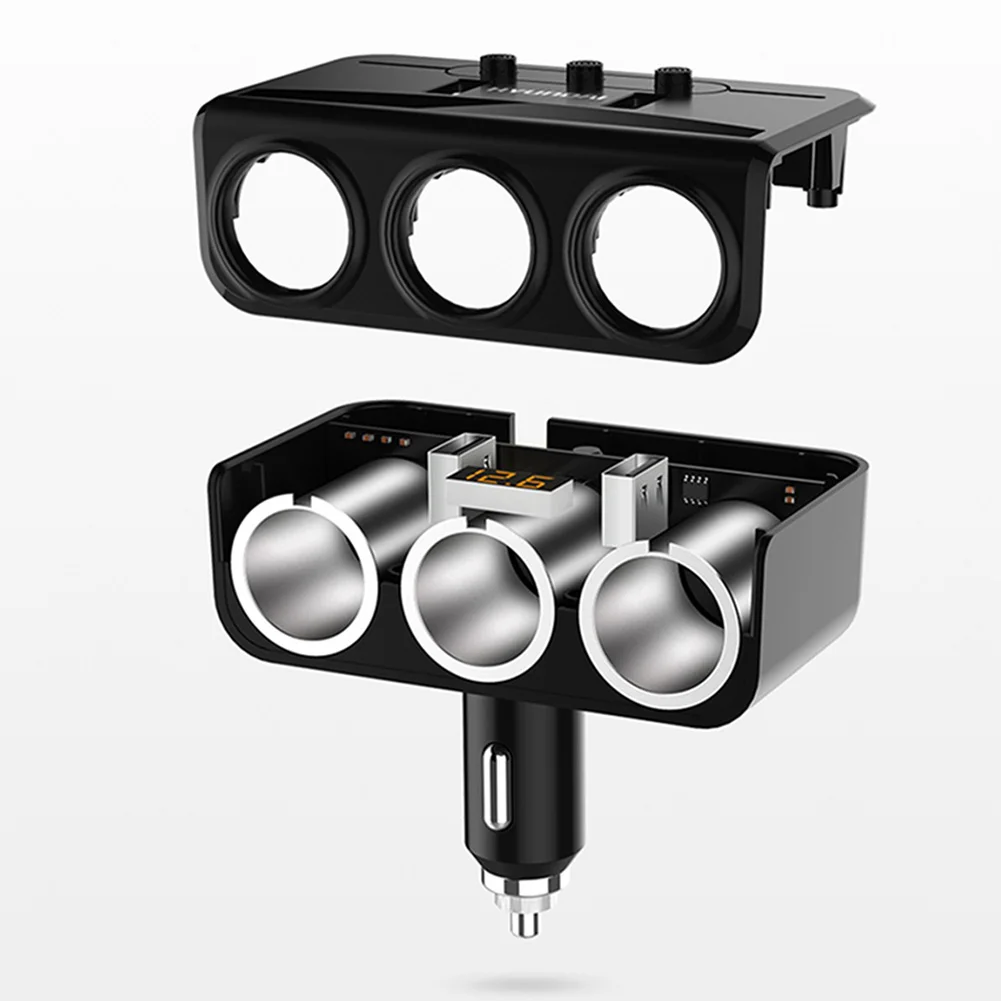 1 To 3 Sockets Cigarettes Lighter Splitter Dual USB Car Charger Adapter With Voltage Display Suitable For Various Cars