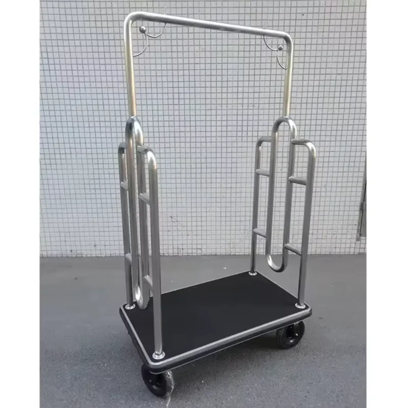 Satin Finish Black Carpet Hotel Trolley With Black Wheels Heavy Duty Luggage Cart For Hospitality Service