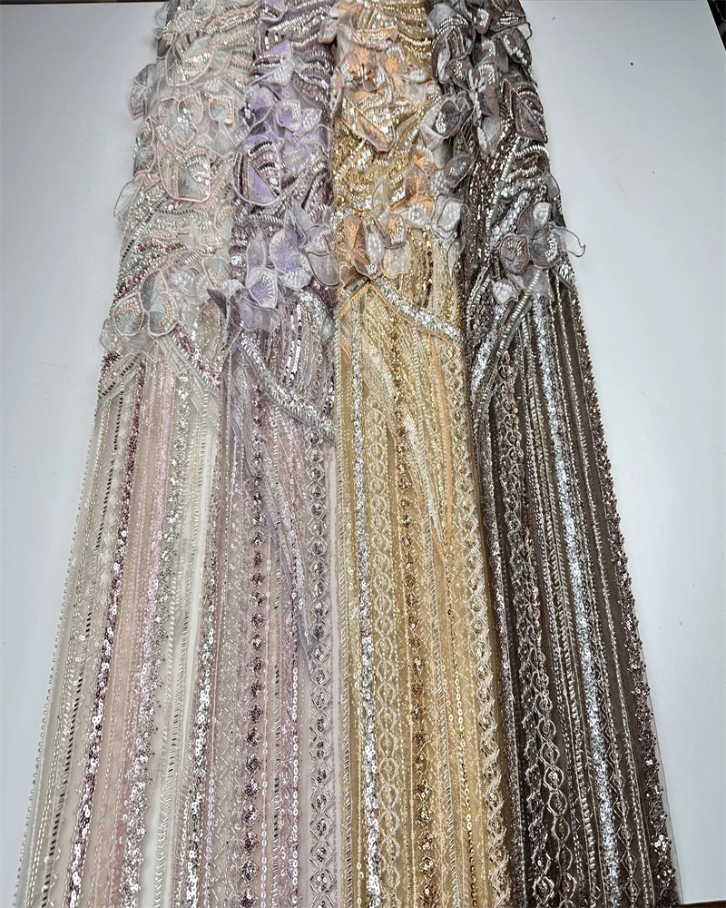 Luxury Beads Lace African  High Quality 5 Yards Handmade beads Sequins Fabric Nigeria For Evening Party Dres