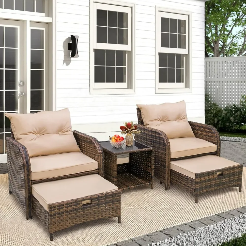 

5 Pieces Patio Chairs Set with Ottomans, All Weather PE Rattan, Outdoor Conversation Furniture with Table