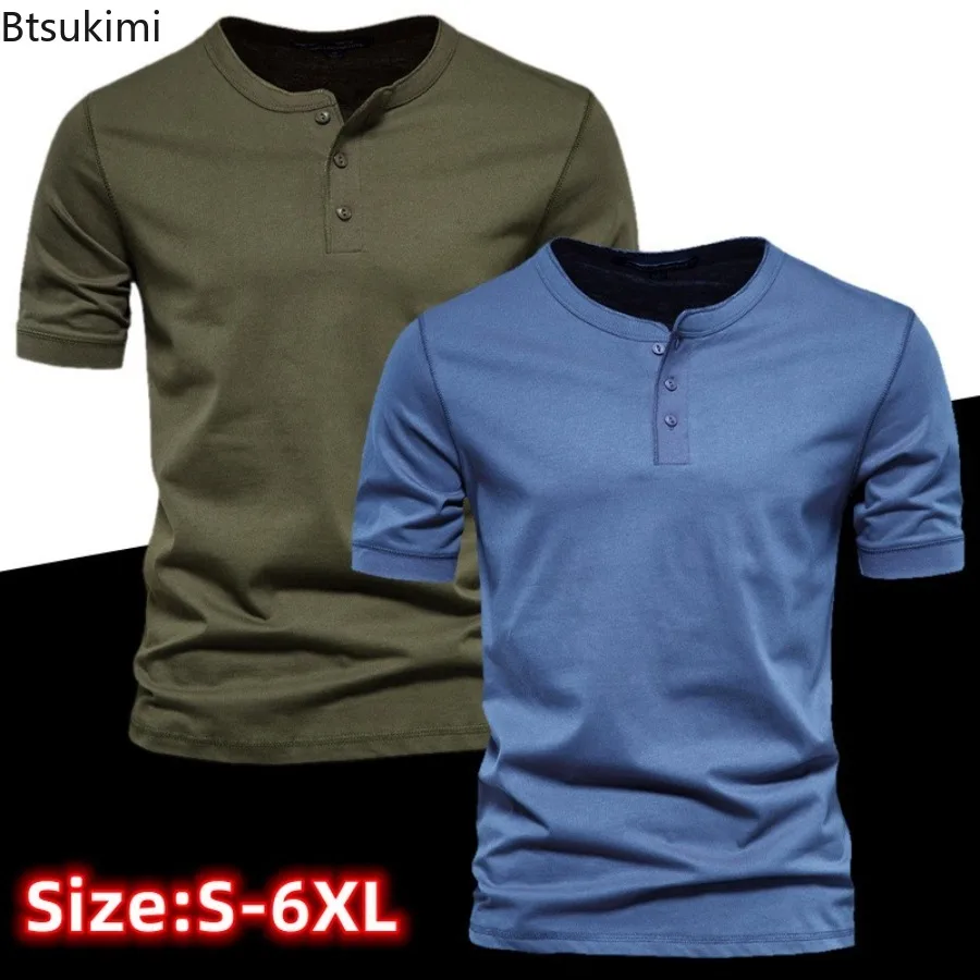 

Summer Fashion Men's Solid Loose Casual T-shirts High Quality Henley Collar Simple All-match Tops Male Basic Tees Oversized 6XL