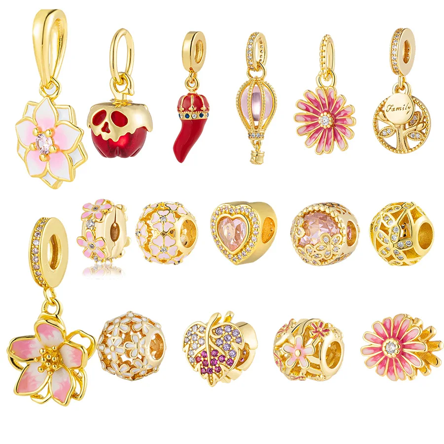 

Gold Plated DIY Sparkling Family Tree、Pink Daisy Flower & Cherry Blossom Dangle Charm Beads Fit Original Women Bracelet Jewelry