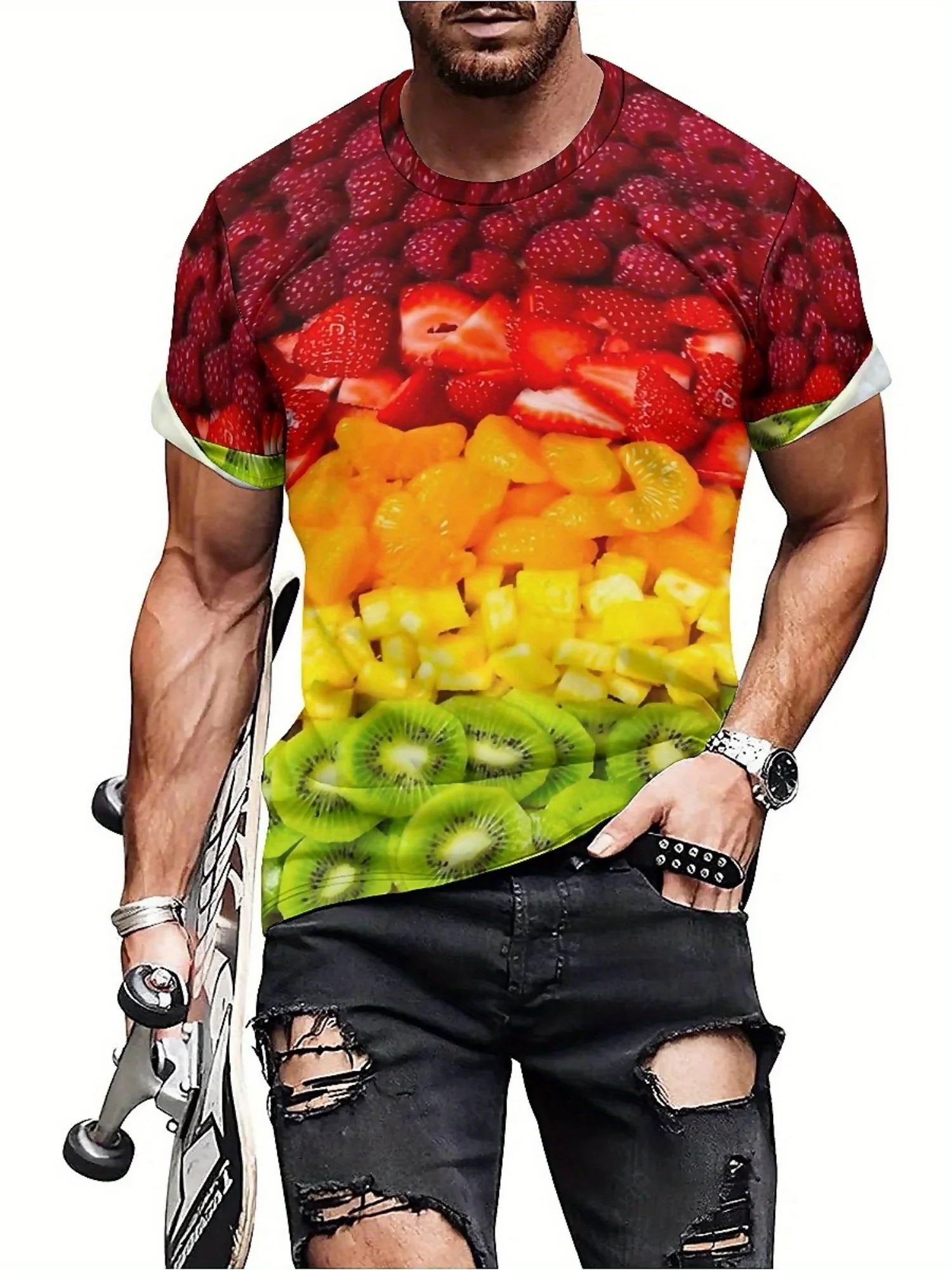 

Men's Retro 3D Fruit Print Short Sleeve T-Shirt - Full-Body Geometric Tie-Dye Design, Breathable Fabric, Two-Way Wear for Party