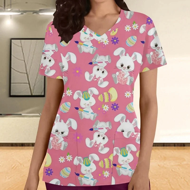 Women's Short SleeveVPrinted collarTShirt Cute Cartoon Rabbit Medical Workwear Veterinary Nurse Casual Work Shirt