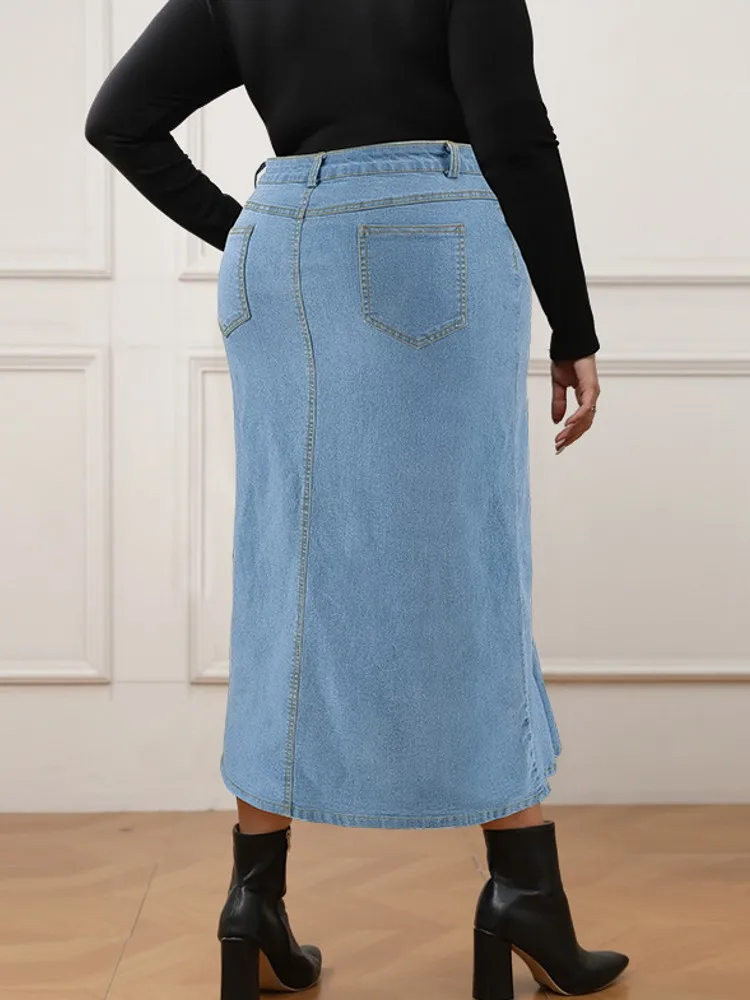 Summer New Plus Size Clothes High Waist Slit Denim Skirt For Women Washed Retro Pencil Skirt Hip-covering Straight Long Skirt