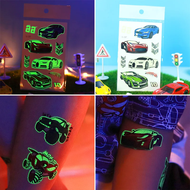 12 feuilles lumineuses voitures de course motos autocollants de tatouage temporaire, brillent dans la nuit Cool motos course compétition Patter