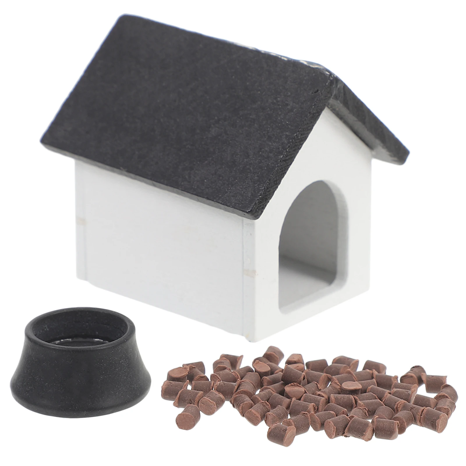 

1 Set Dollhouse Miniature Pet Wooden House Model Mini Dog Hut With Dog Bowl and Dog Food Dollhouse Garden Living Scene Accessory