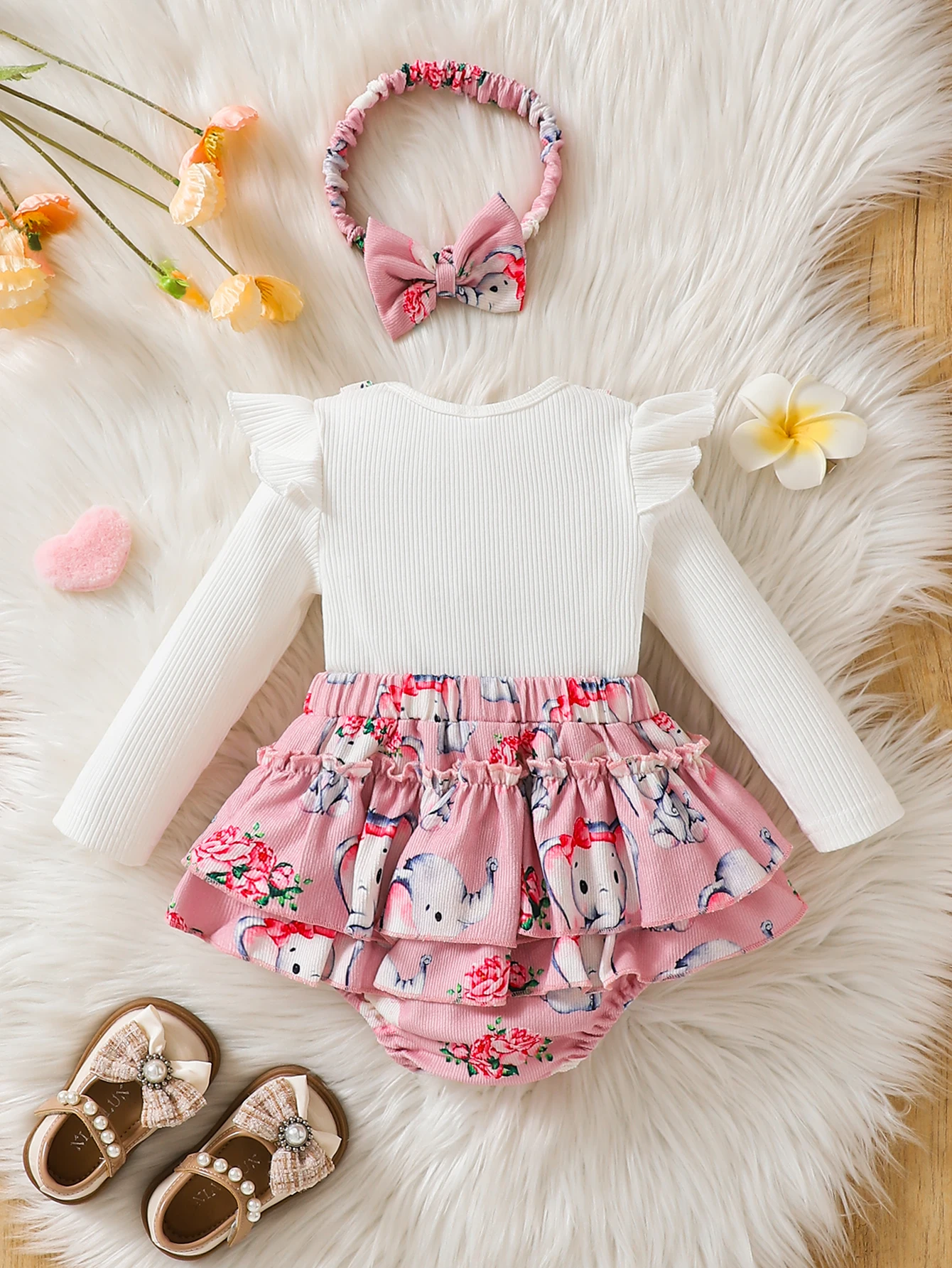 New stylish baby girl white long-sleeved elephant flower waist bow jumpsuit + free hair accessories